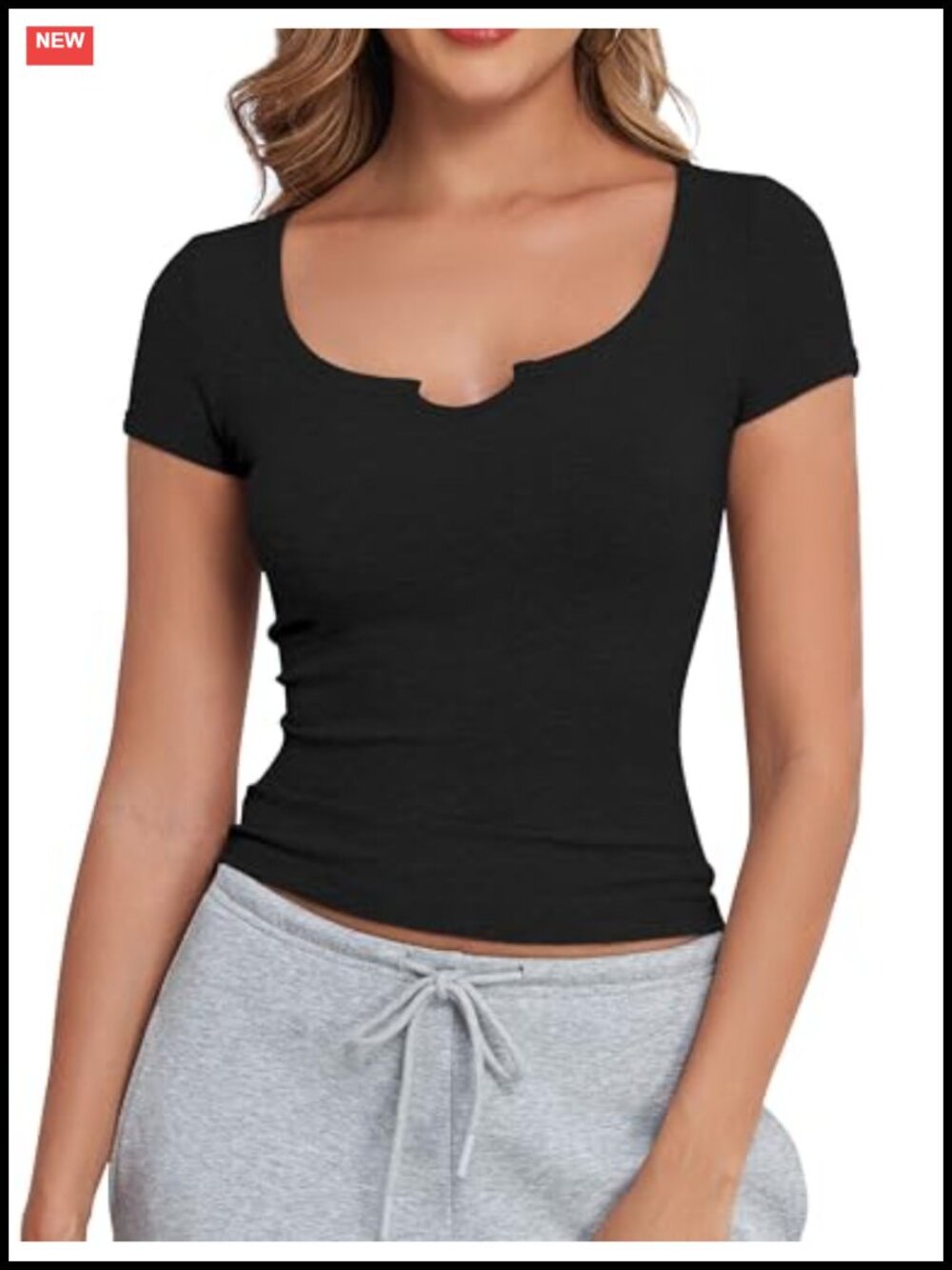 Ribbed Knit Crop Top Form Fitting V Notch Scoop Neck Short Sleeve Tee
